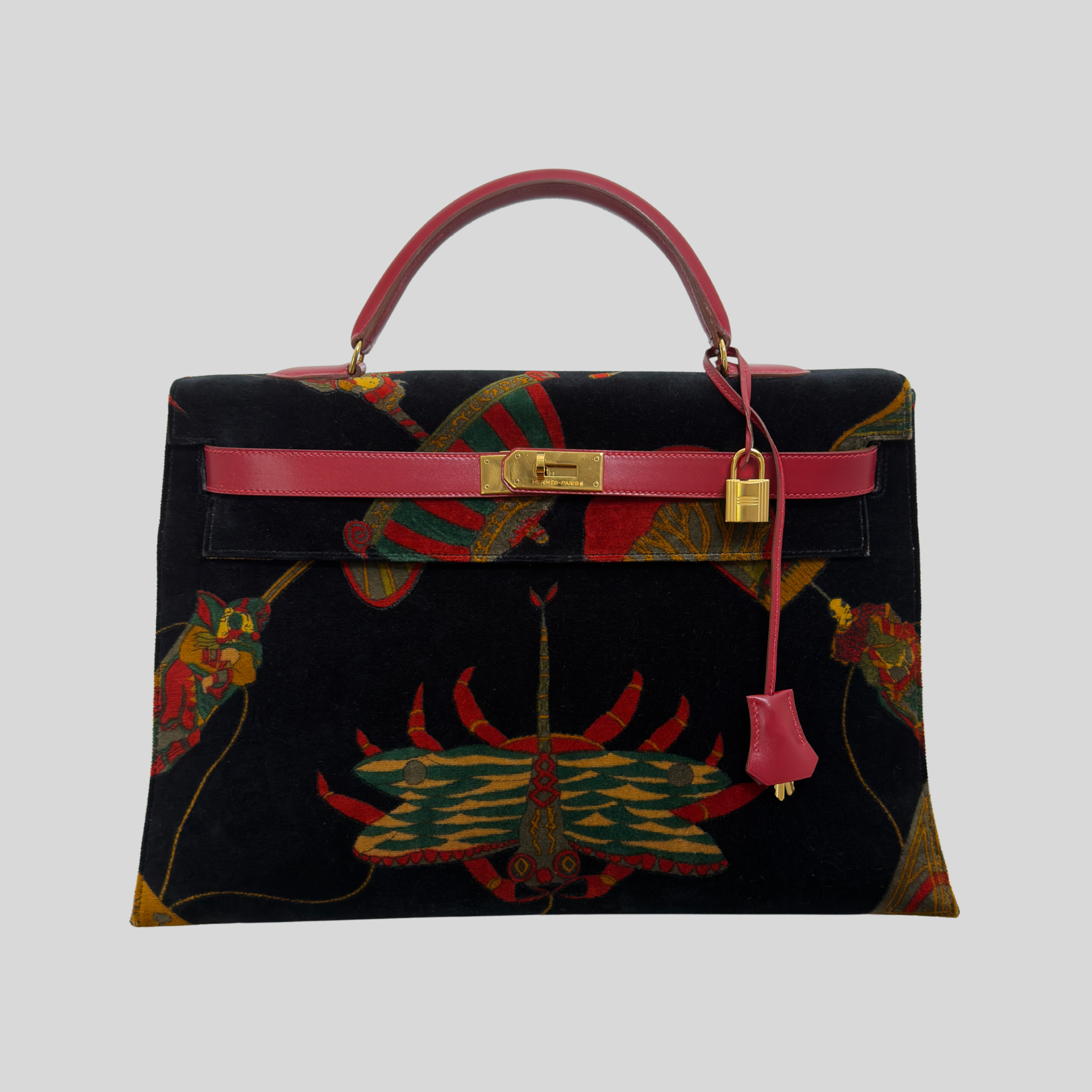 Hermès Kelly 40 Soies Volantes Rouge Vif Box Calfskin & Printed Velvet with Gold Hardware | Randolph Goods