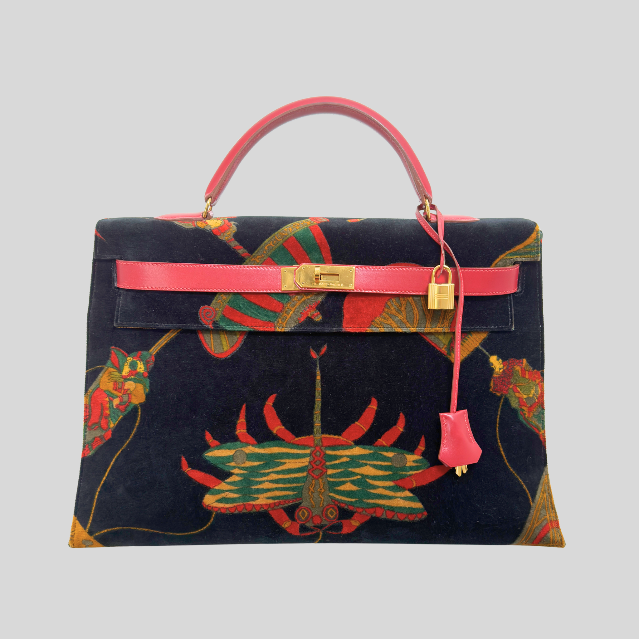 Hermès Vintage 1991 Kelly 40 “Soies Volantes” (Flying Silks) Printed Velvet with Rouge Vif Box Leather Trim & Gold Hardware