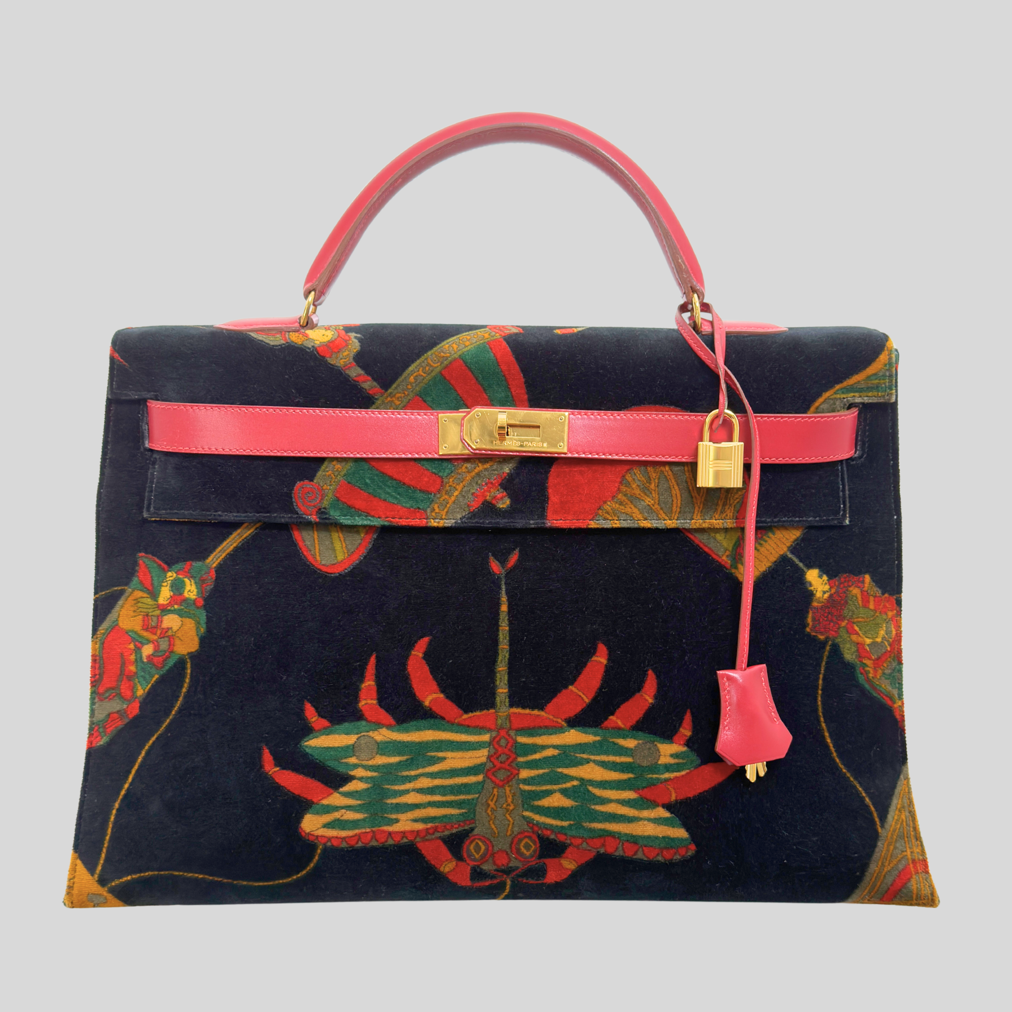 Hermès Vintage 1991 Kelly 40 “Soies Volantes” (Flying Silks) Printed Velvet with Rouge Vif Box Leather Trim & Gold Hardware | Randolph Goods