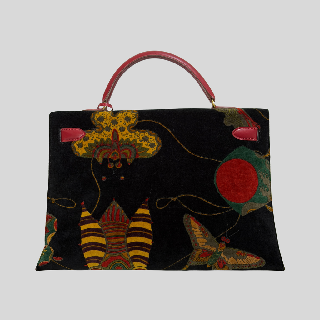 Hermès Kelly 40 Soies Volantes Rouge Vif Box Calfskin & Printed Velvet with Gold Hardware | Randolph Goods