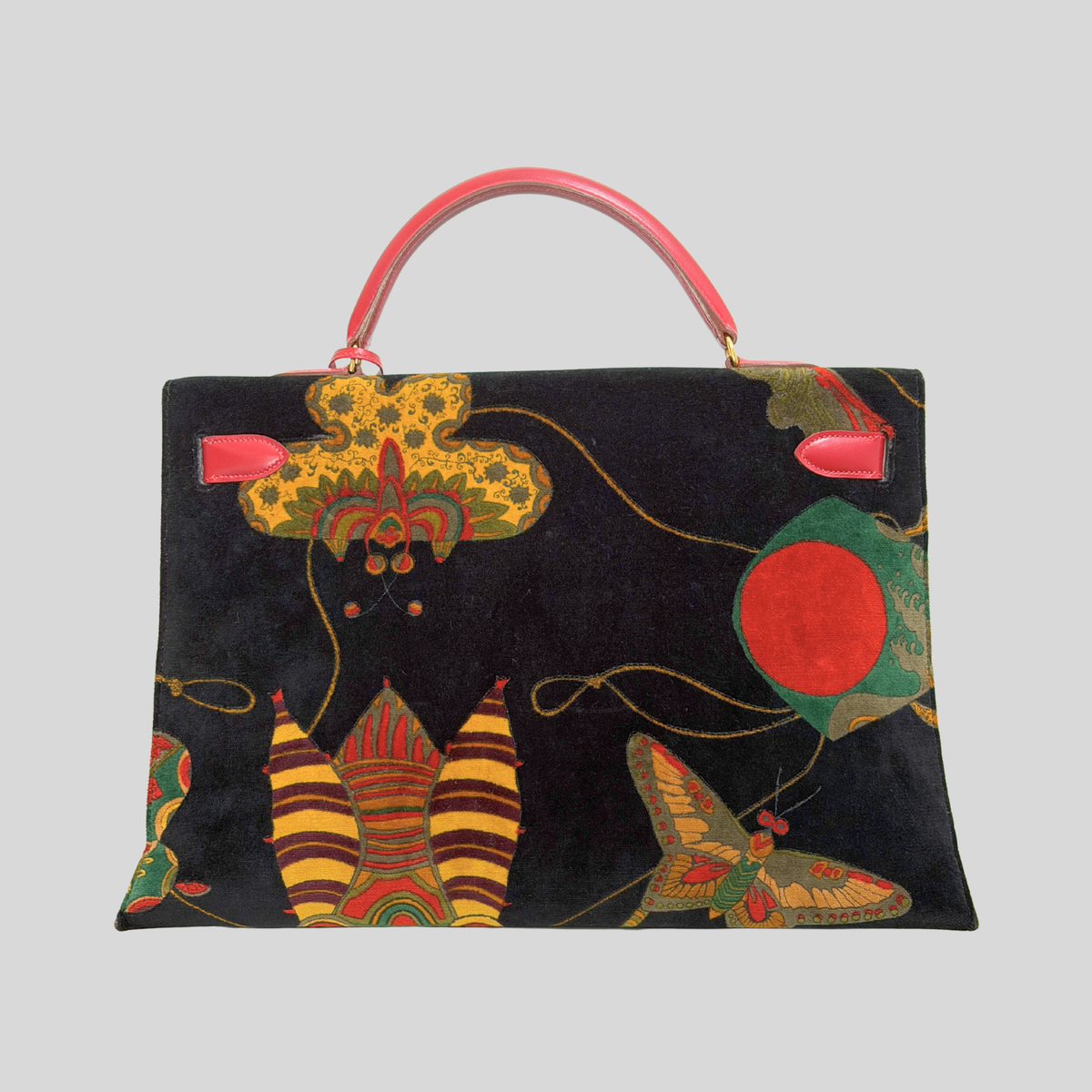Hermès Vintage 1991 Kelly 40 “Soies Volantes” (Flying Silks) Printed Velvet with Rouge Vif Box Leather Trim & Gold Hardware