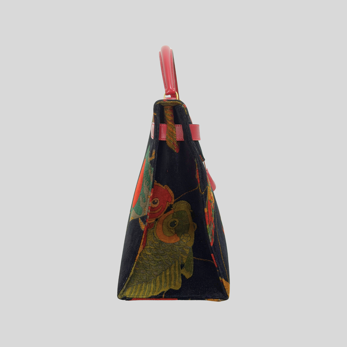 Hermès Vintage 1991 Kelly 40 “Soies Volantes” (Flying Silks) Printed Velvet with Rouge Vif Box Leather Trim & Gold Hardware