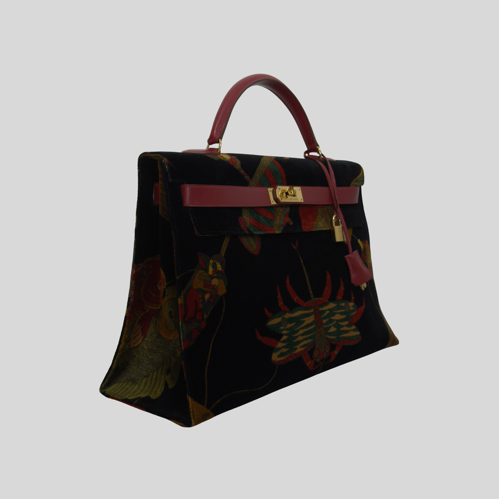 Hermès Kelly 40 Soies Volantes Rouge Vif Box Calfskin & Printed Velvet with Gold Hardware | Randolph Goods