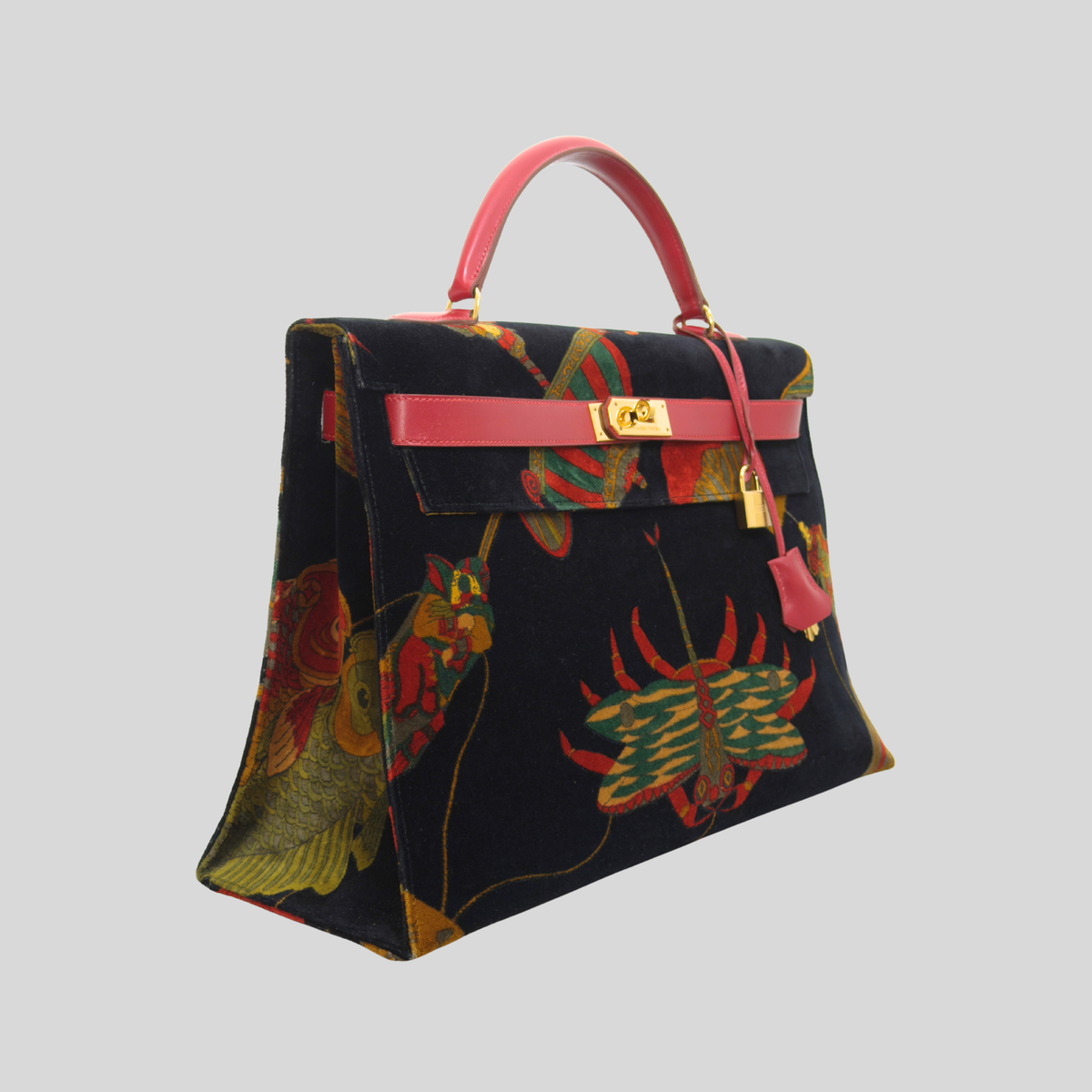 Hermès Vintage 1991 Kelly 40 “Soies Volantes” (Flying Silks) Printed Velvet with Rouge Vif Box Leather Trim & Gold Hardware