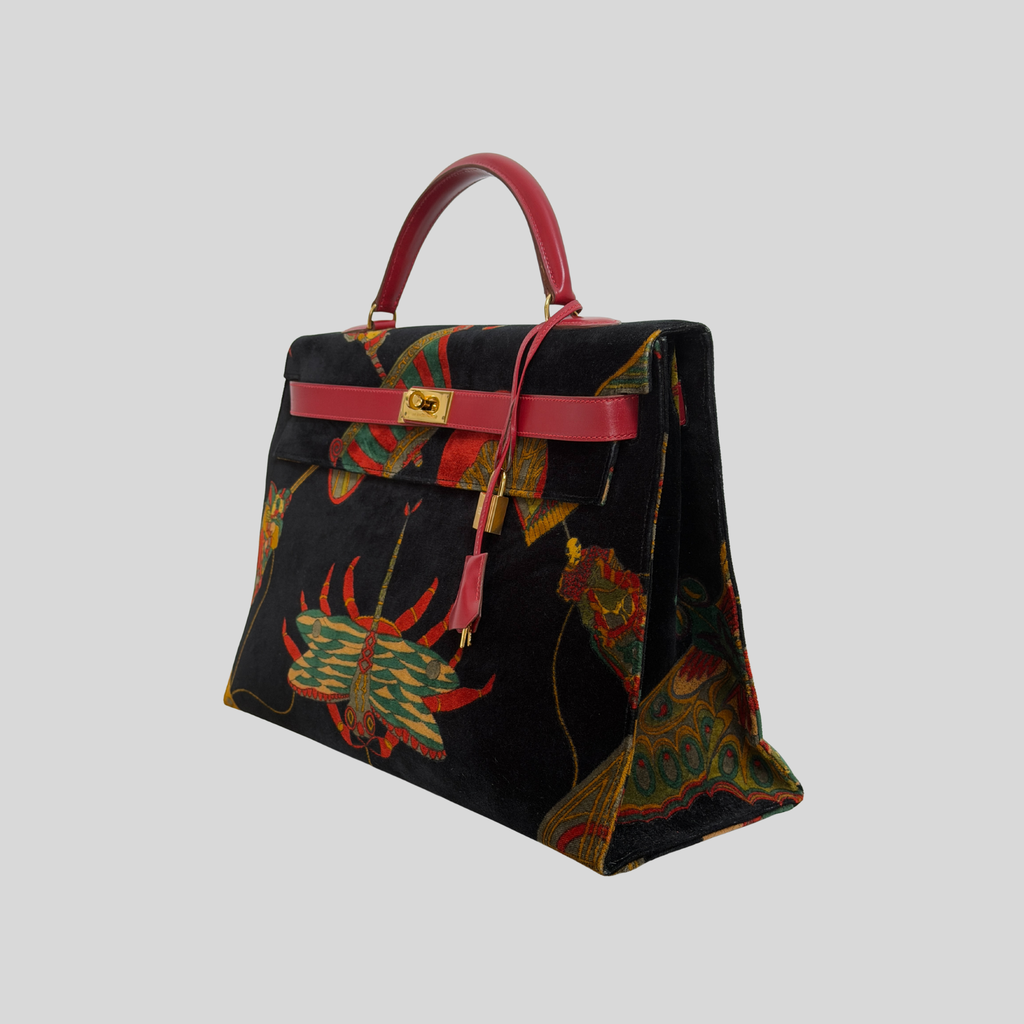Hermès Kelly 40 Soies Volantes Rouge Vif Box Calfskin & Printed Velvet with Gold Hardware | Randolph Goods