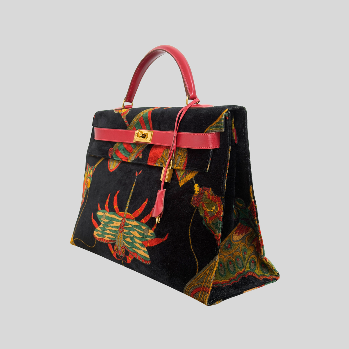 Hermès Vintage 1991 Kelly 40 “Soies Volantes” (Flying Silks) Printed Velvet with Rouge Vif Box Leather Trim & Gold Hardware