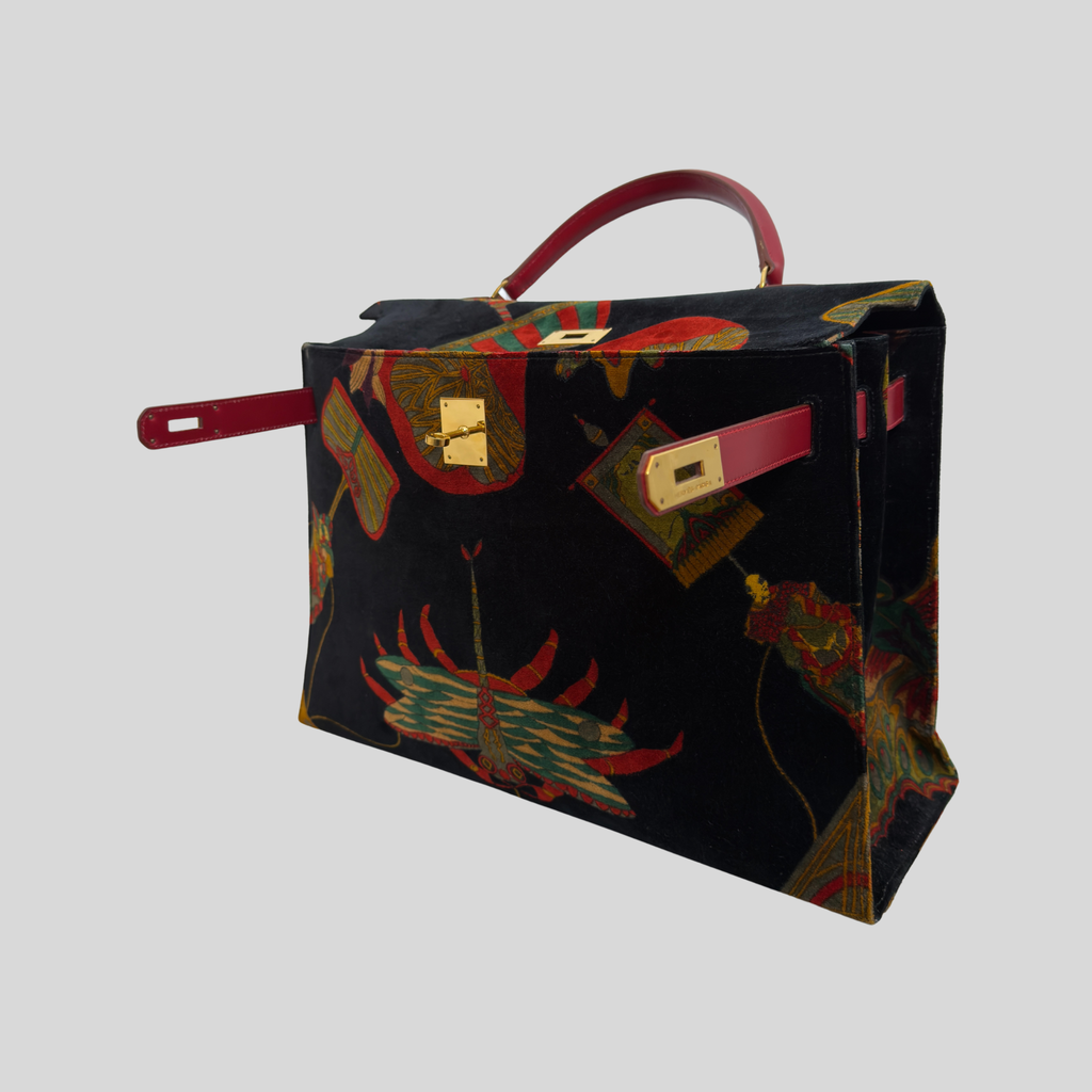 Hermès Kelly 40 Soies Volantes Rouge Vif Box Calfskin & Printed Velvet with Gold Hardware | Randolph Goods