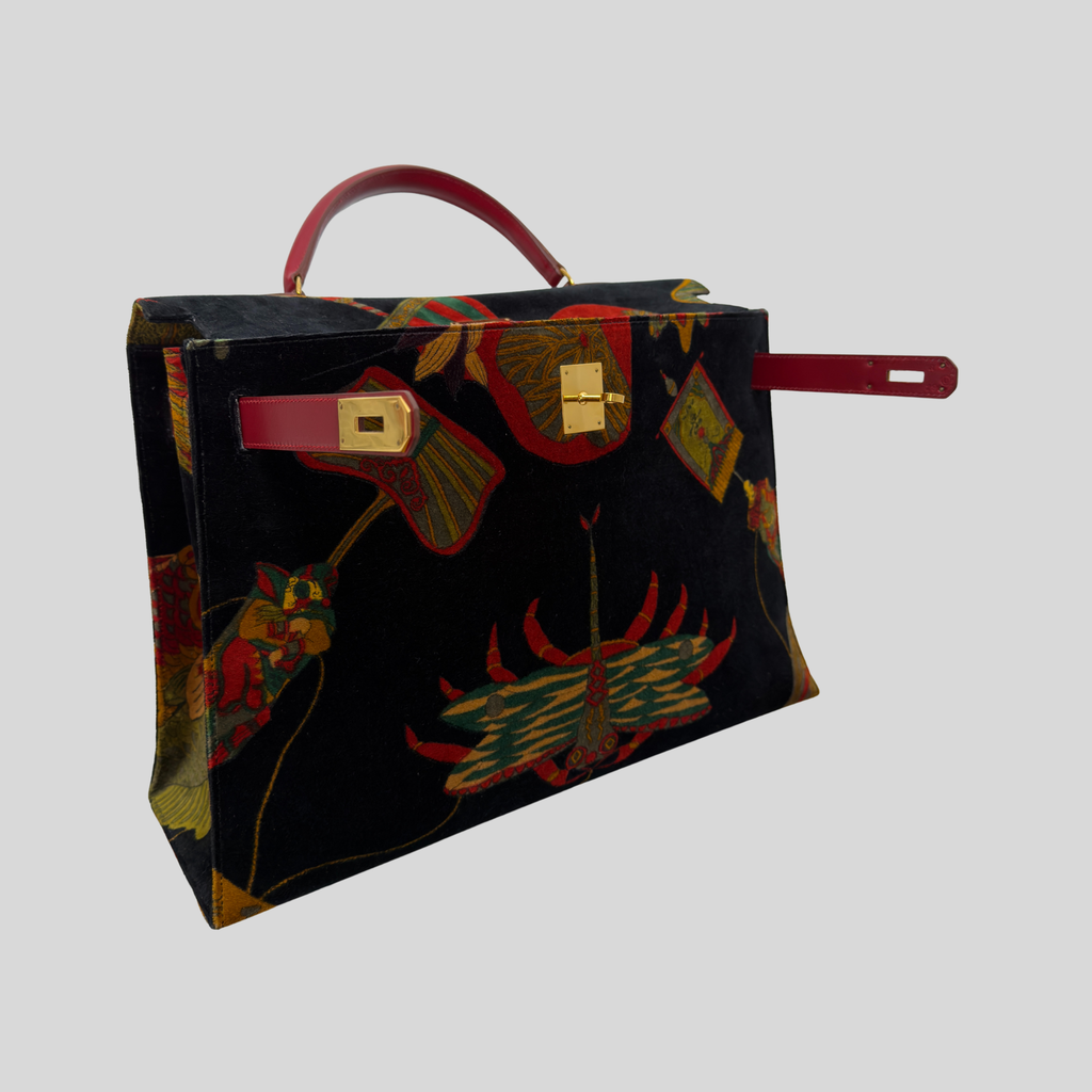 Hermès Kelly 40 Soies Volantes Rouge Vif Box Calfskin & Printed Velvet with Gold Hardware | Randolph Goods