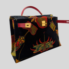 Hermès Vintage 1991 Kelly 40 “Soies Volantes” (Flying Silks) Printed Velvet with Rouge Vif Box Leather Trim & Gold Hardware | Randolph Goods