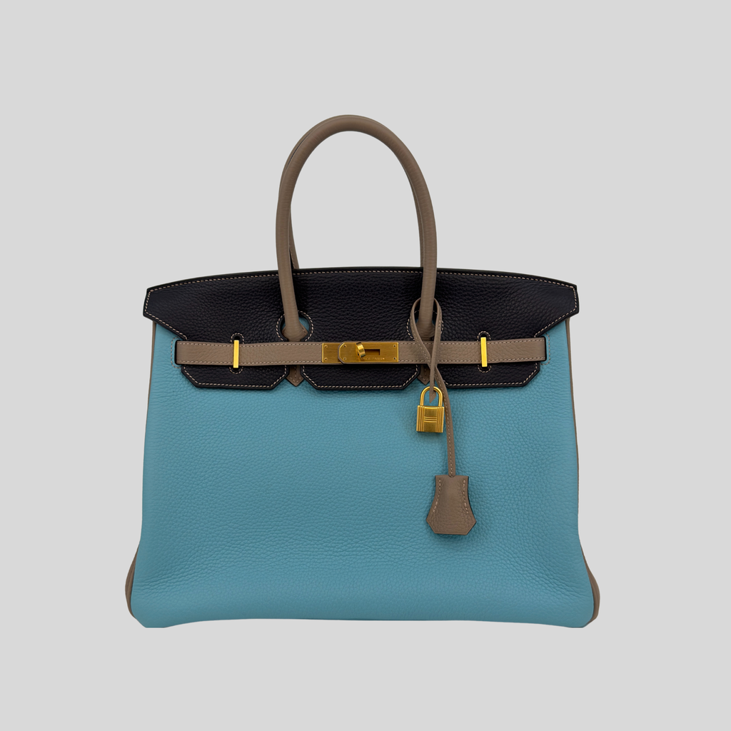 Hermès Birkin 35 HSS Bleu Atoll Gris Asphalte Bleu Indigo Clemence Leather Brushed Gold Hardware | Randolph Goods