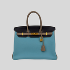 Hermès Birkin 35 HSS Bleu Atoll Gris Asphalte Bleu Indigo Clemence Leather Brushed Gold Hardware | Randolph Goods