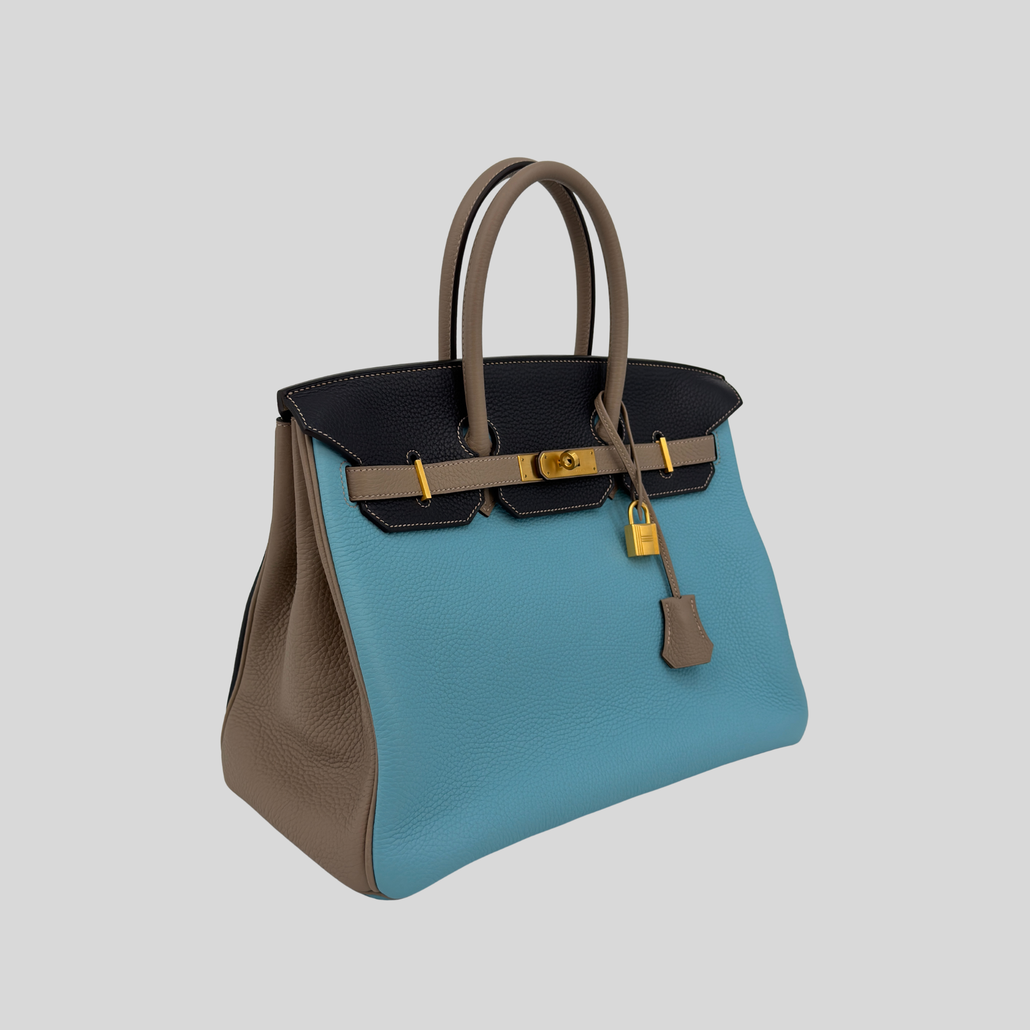 Hermès Birkin 35 HSS Bleu Atoll Gris Asphalte Bleu Indigo Clemence Leather Brushed Gold Hardware | Randolph Goods