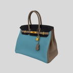 Hermès Birkin 35 HSS Bleu Atoll Gris Asphalte Bleu Indigo Clemence Leather Brushed Gold Hardware | Randolph Goods