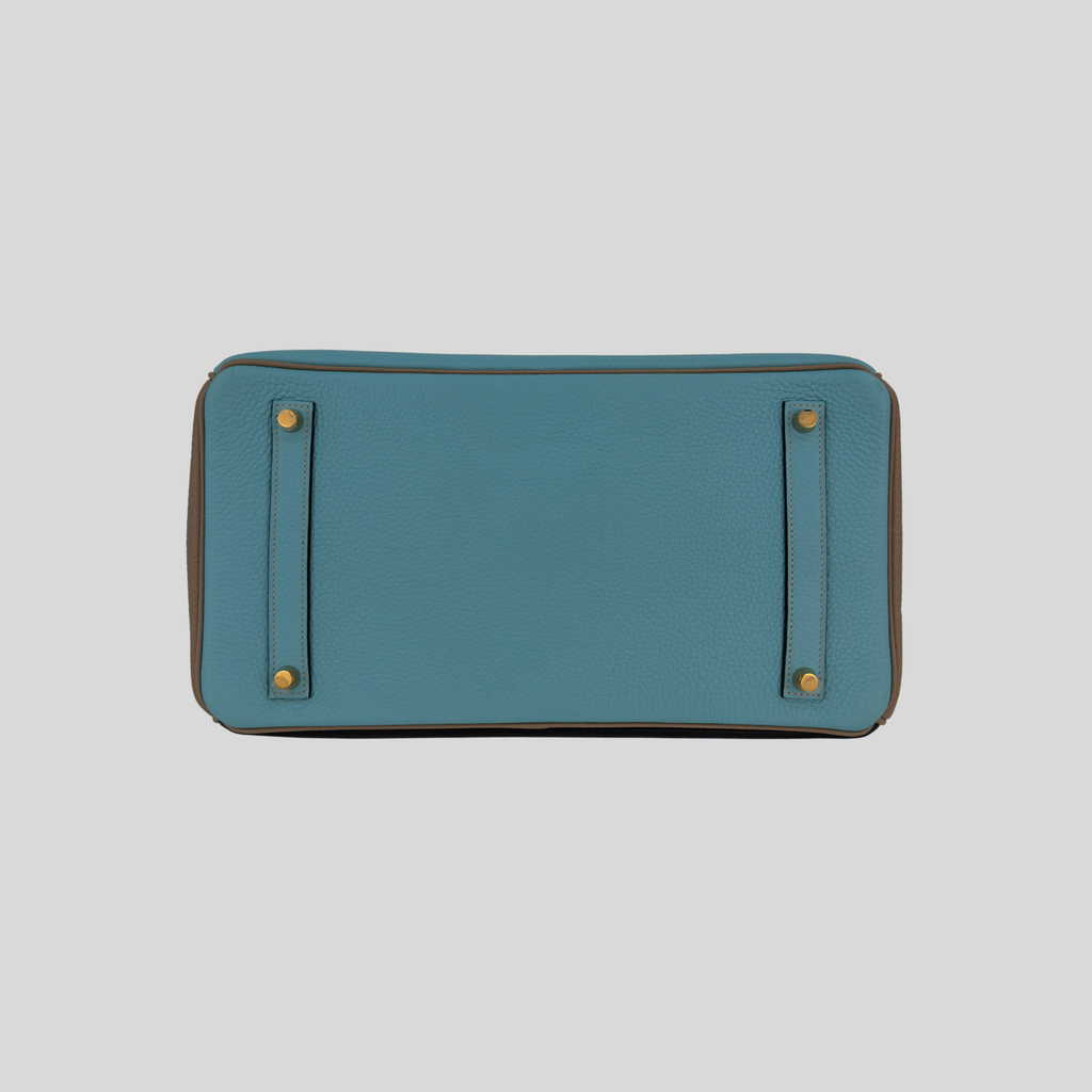 Hermès Birkin 35 HSS Bleu Atoll Gris Asphalte Bleu Indigo Clemence Leather Brushed Gold Hardware | Randolph Goods