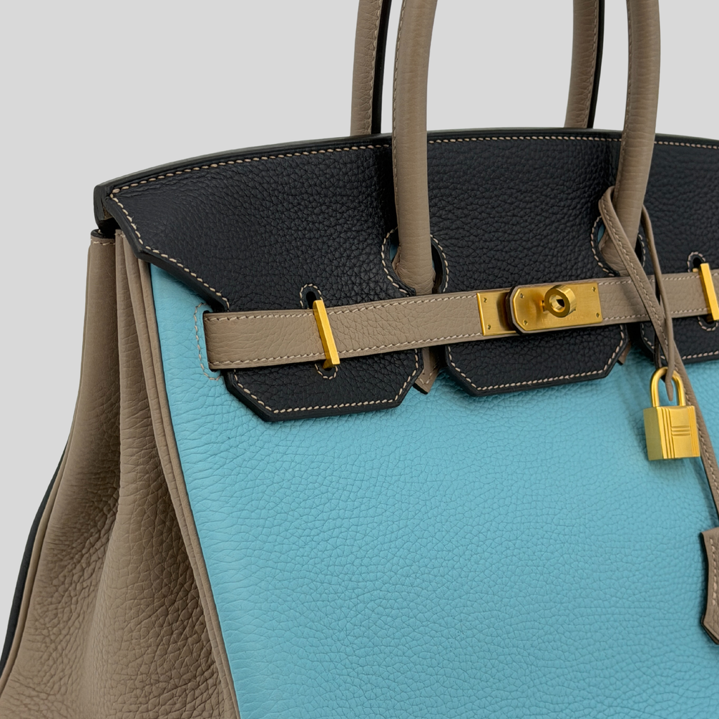 Hermès Birkin 35 HSS Bleu Atoll Gris Asphalte Bleu Indigo Clemence Leather Brushed Gold Hardware | Randolph Goods