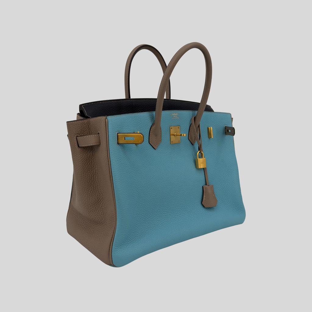 Hermès Birkin 35 HSS Bleu Atoll Gris Asphalte Bleu Indigo Clemence Leather Brushed Gold Hardware | Randolph Goods