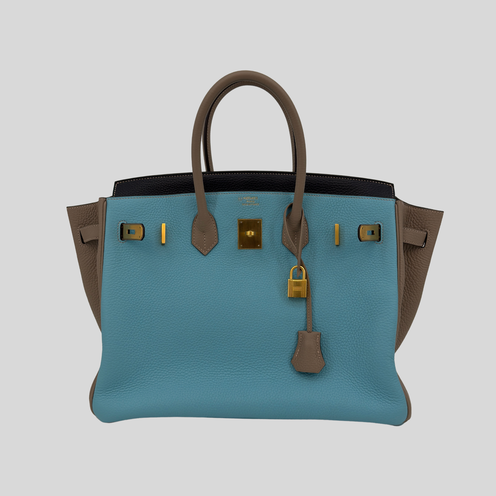 Hermès Birkin 35 HSS Bleu Atoll Gris Asphalte Bleu Indigo Clemence Leather Brushed Gold Hardware | Randolph Goods
