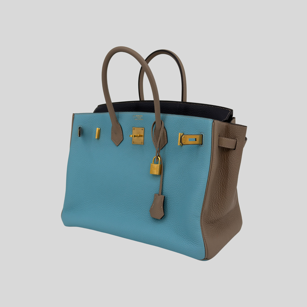 Hermès Birkin 35 HSS Bleu Atoll Gris Asphalte Bleu Indigo Clemence Leather Brushed Gold Hardware | Randolph Goods