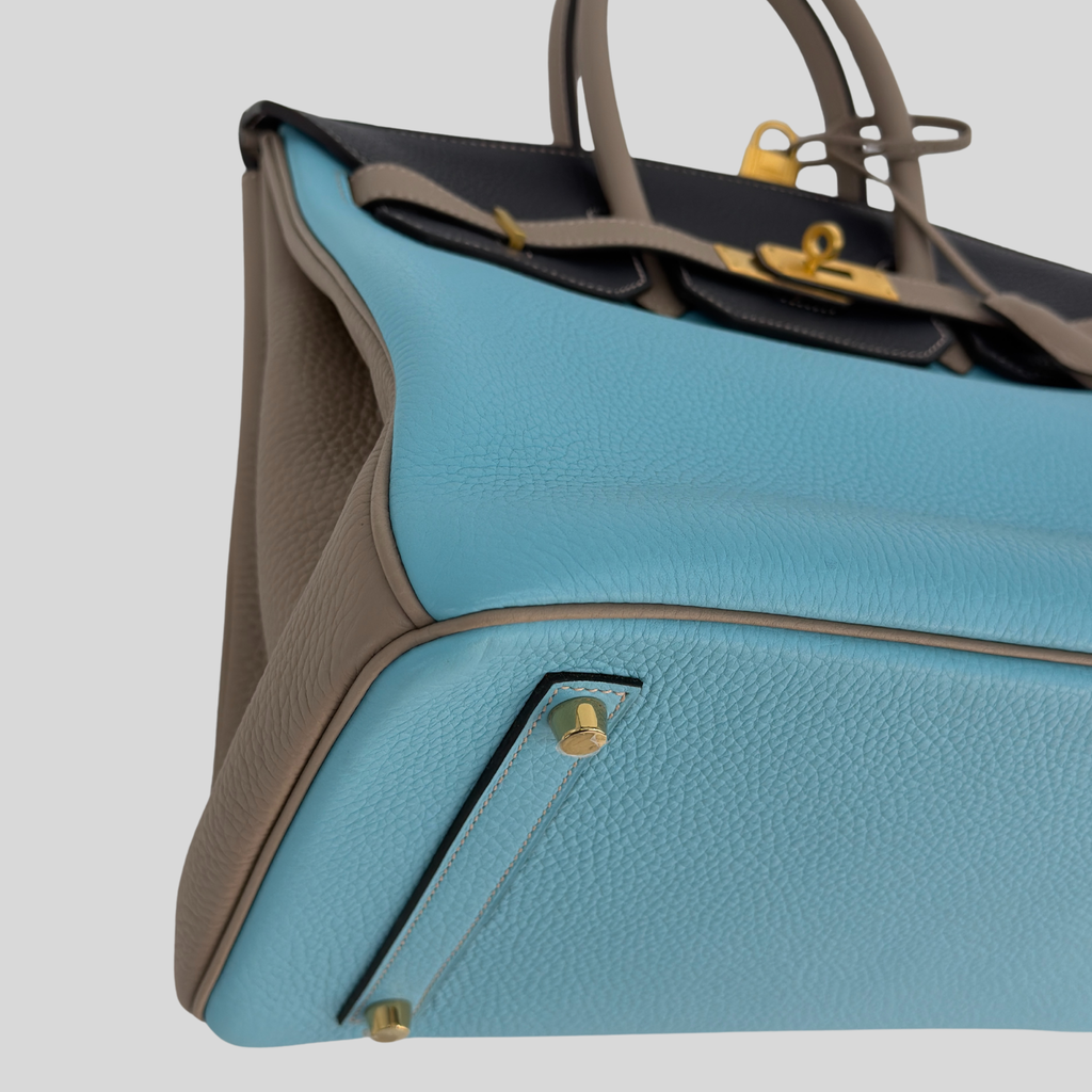 Hermès Birkin 35 HSS Bleu Atoll Gris Asphalte Bleu Indigo Clemence Leather Brushed Gold Hardware | Randolph Goods