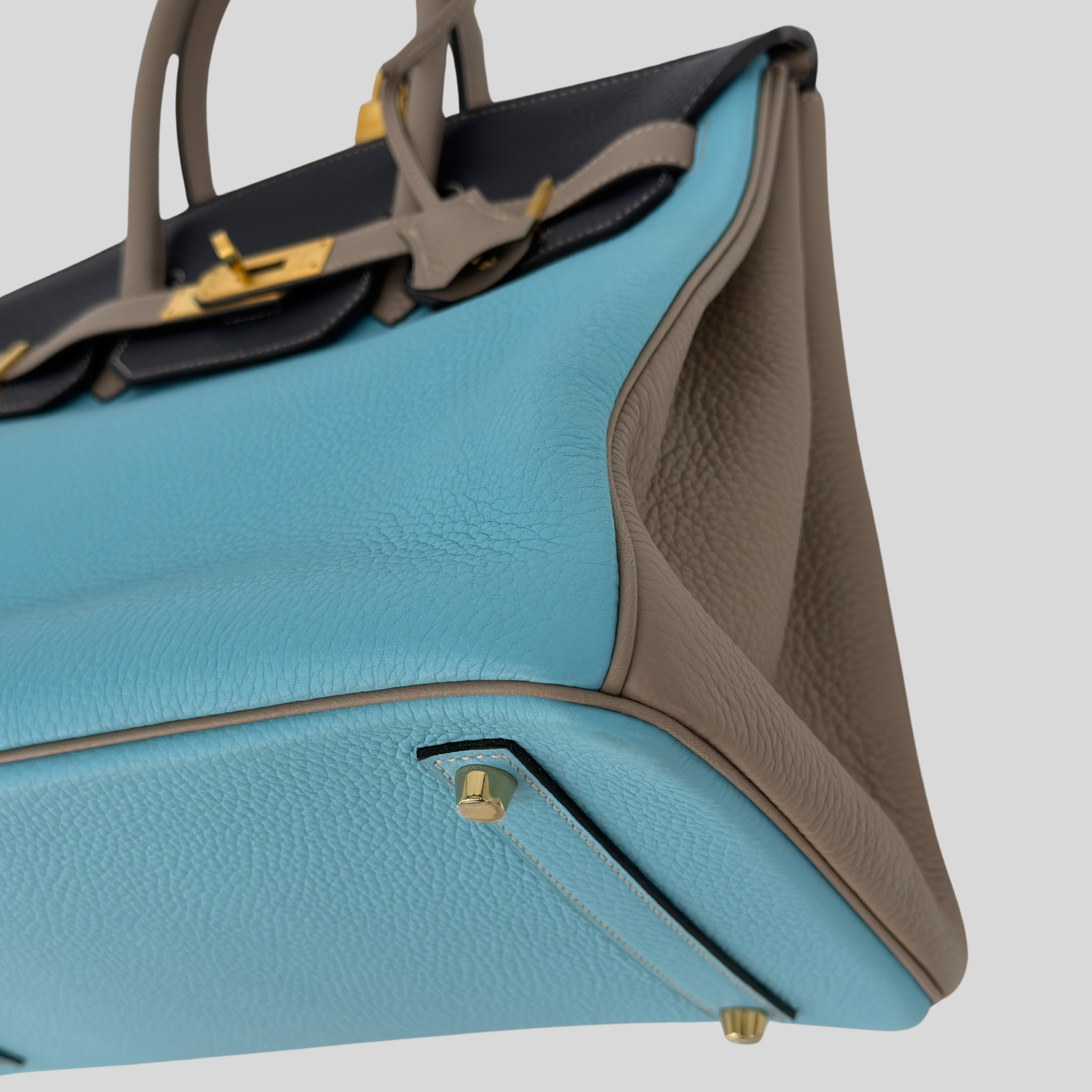 Hermès Birkin 35 HSS Bleu Atoll Gris Asphalte Bleu Indigo Clemence Leather Brushed Gold Hardware | Randolph Goods