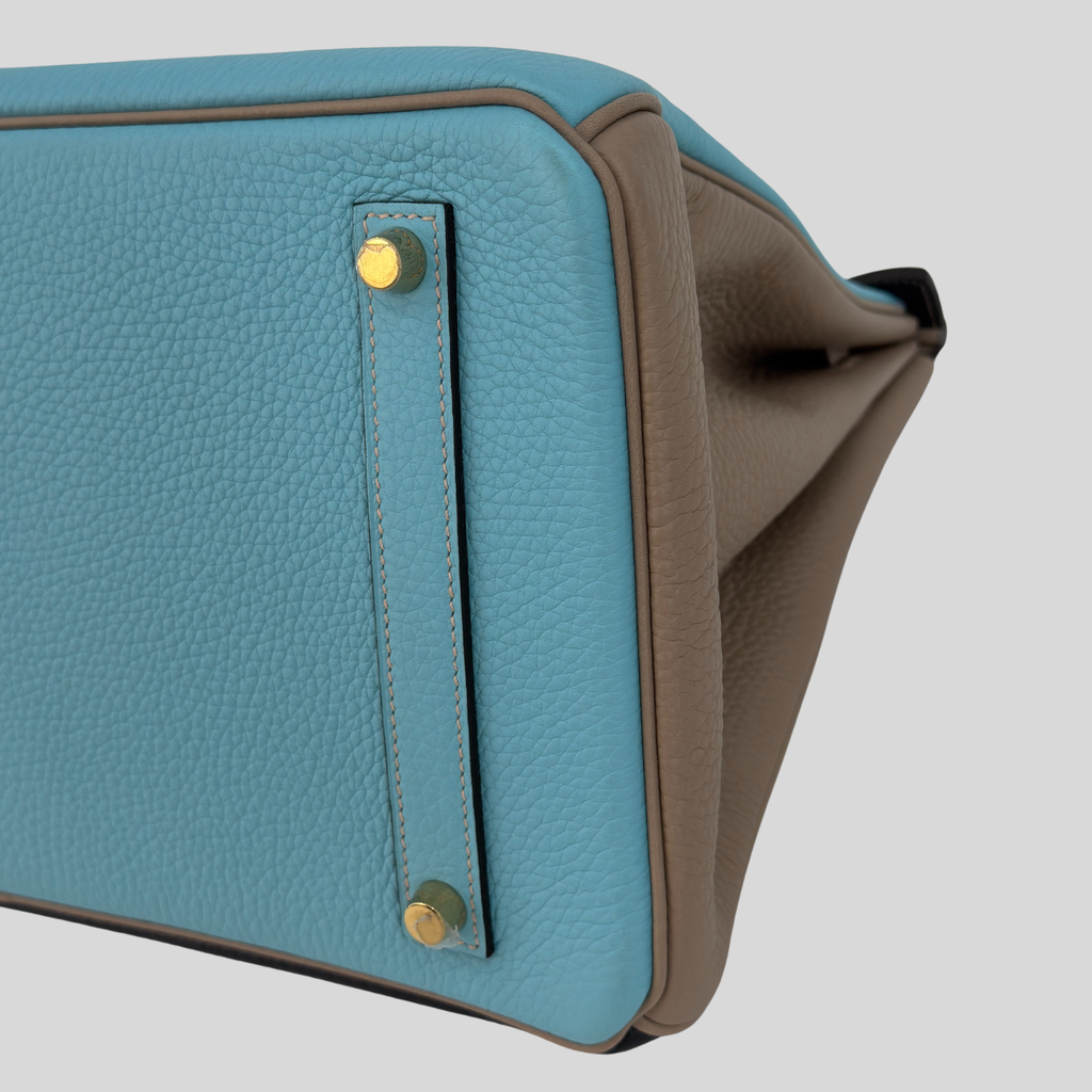 Hermès Birkin 35 HSS Bleu Atoll Gris Asphalte Bleu Indigo Clemence Leather Brushed Gold Hardware | Randolph Goods