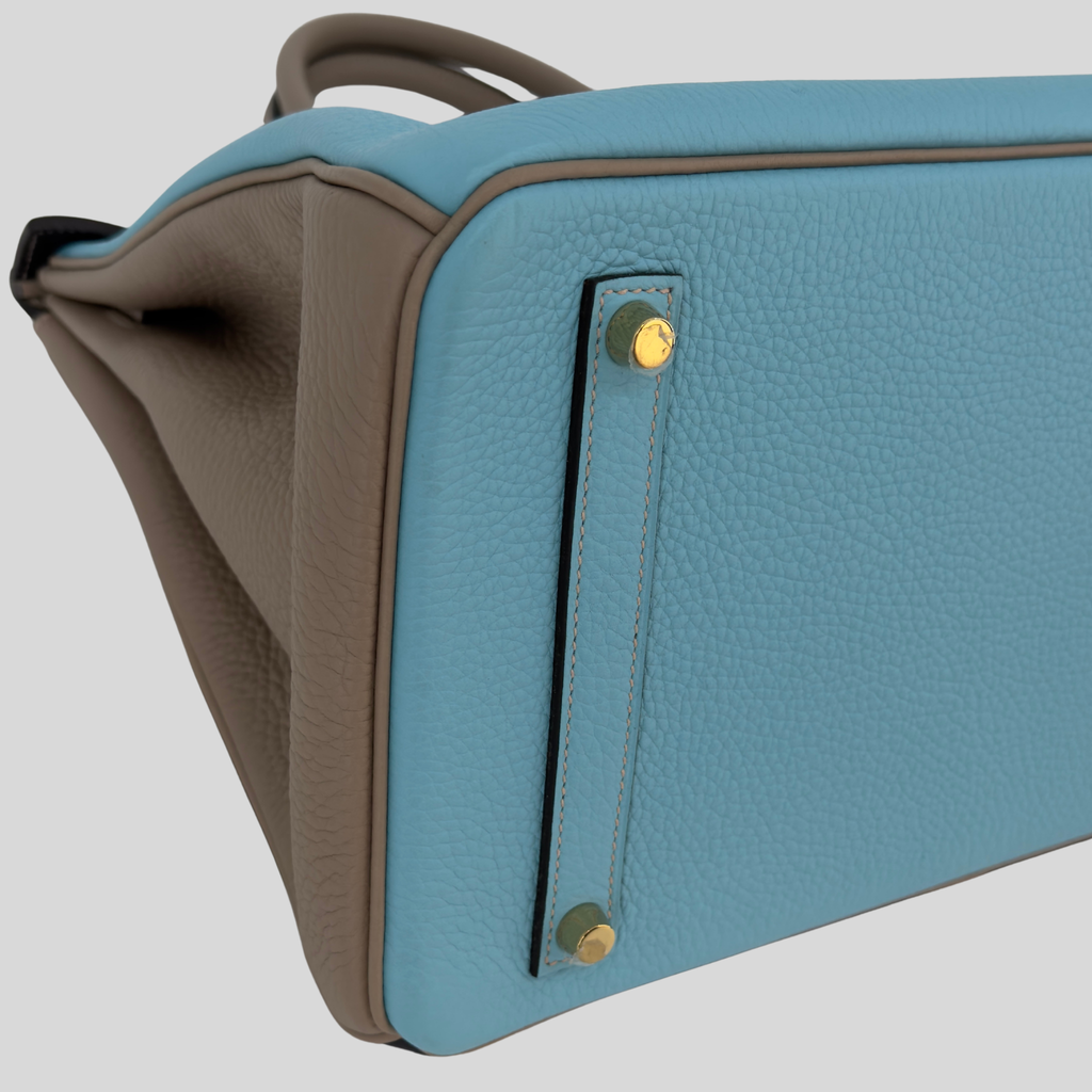 Hermès Birkin 35 HSS Bleu Atoll Gris Asphalte Bleu Indigo Clemence Leather Brushed Gold Hardware | Randolph Goods