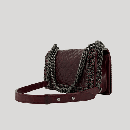 CHANEL Chained Boy Flap Old Medium Burgundy Glazed Calfskin Aged Gunmetal Hardware | Randolph Goods