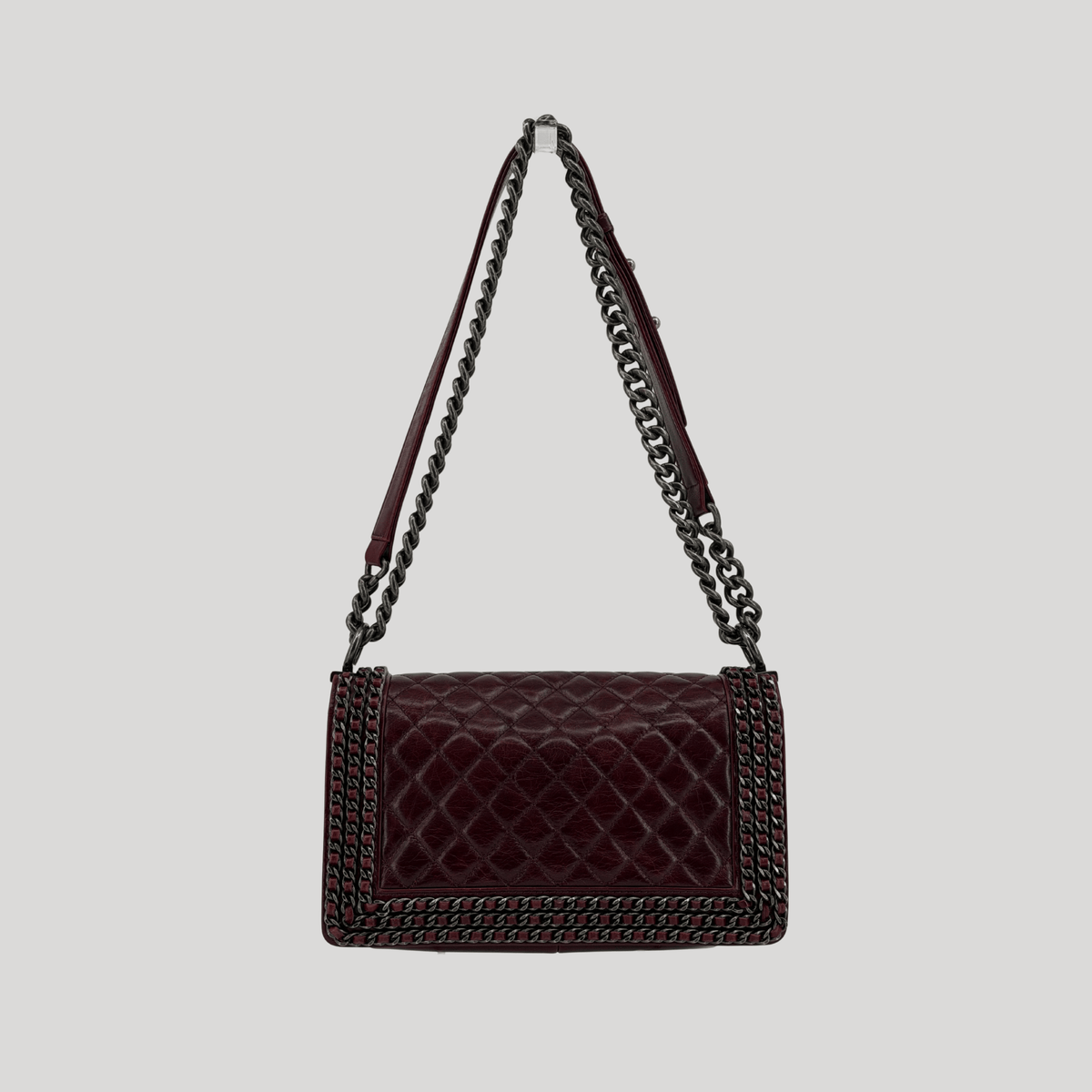 CHANEL Chained Boy Flap Old Medium Burgundy Glazed Calfskin Aged Gunmetal Hardware | Randolph Goods