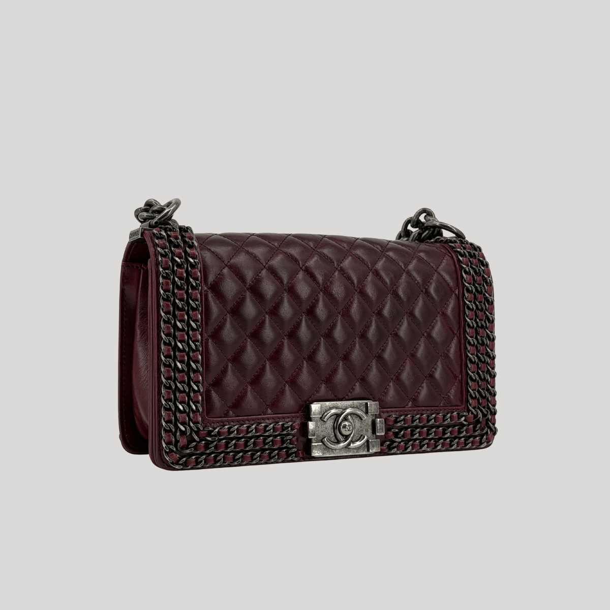 CHANEL Chained Boy Flap Old Medium Burgundy Glazed Calfskin Aged Gunmetal Hardware | Randolph Goods