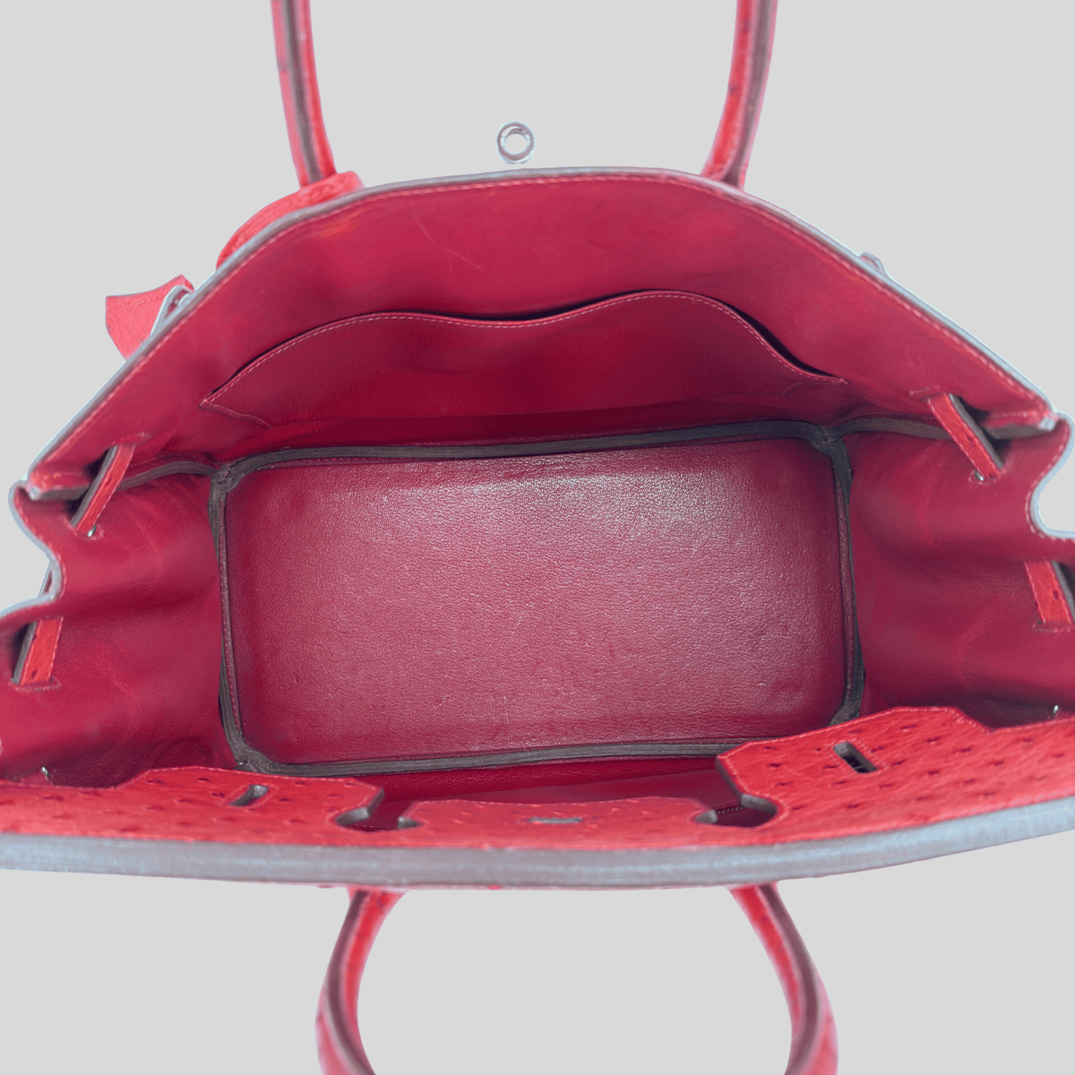 Hermès HAC 32 Rouge Vif Ostrich Palladium Hardware | Randolph Goods