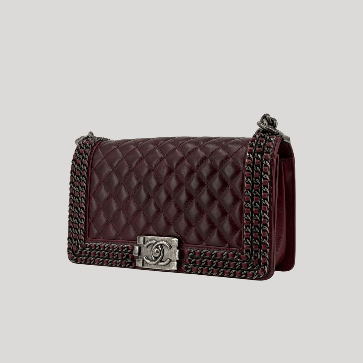 CHANEL Chained Boy Flap Old Medium Burgundy Glazed Calfskin Aged Gunmetal Hardware | Randolph Goods