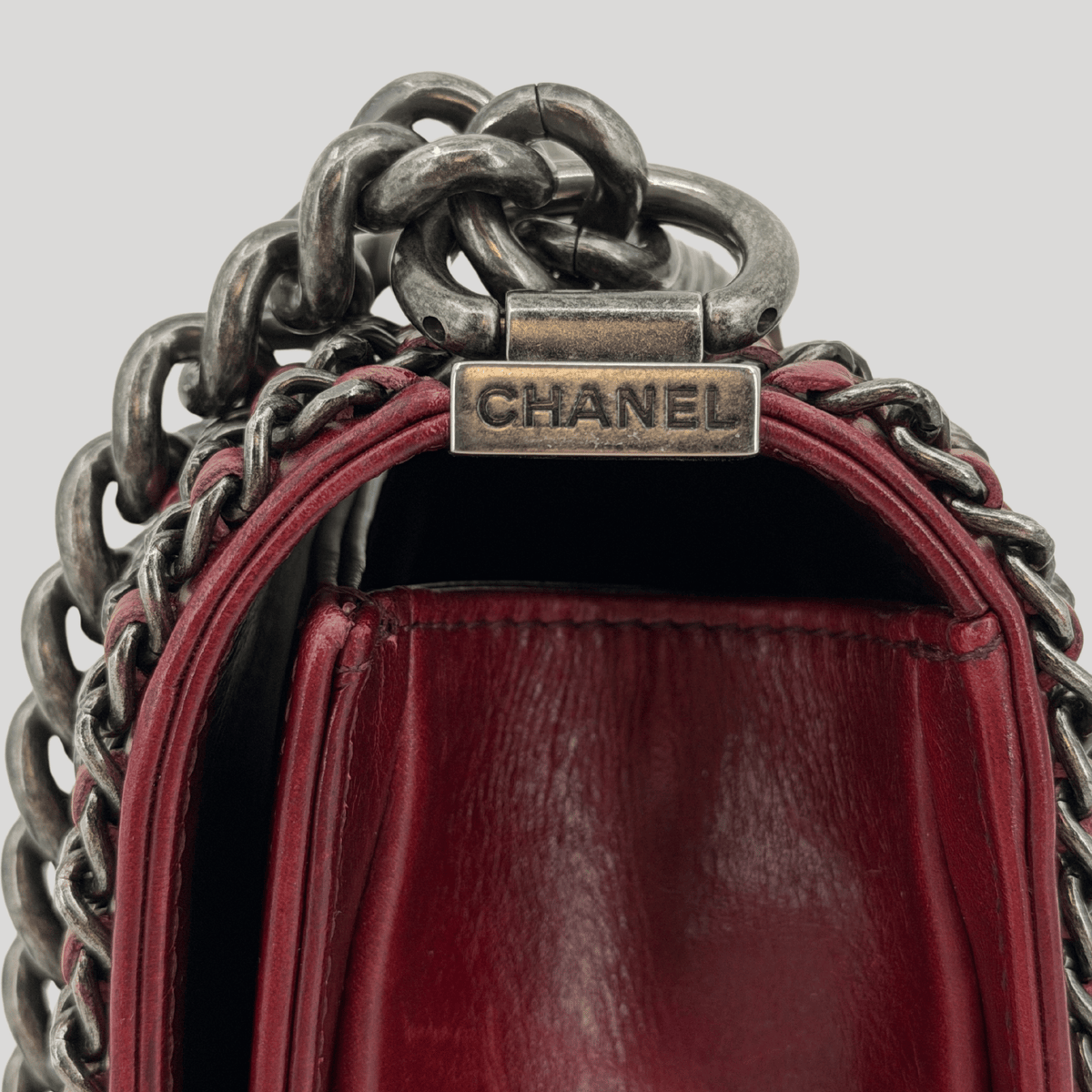 CHANEL Chained Boy Flap Old Medium Burgundy Glazed Calfskin Aged Gunmetal Hardware | Randolph Goods