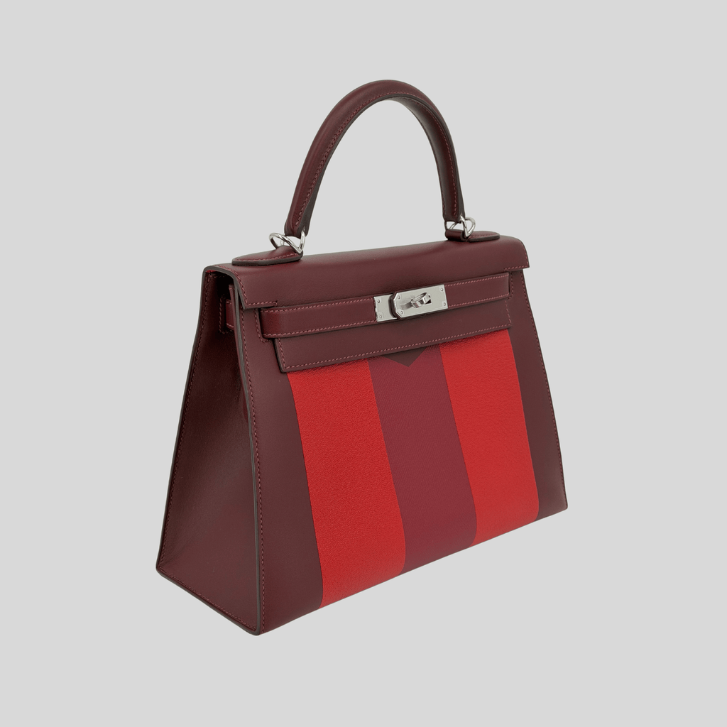 Hermès Rare Limited Edition Kelly 28 Kellygraphie “Lettre M” Rouge H/Vermillion/Rouge Grenat/Rose Tyrien Palladium Hardware | Randolph Goods