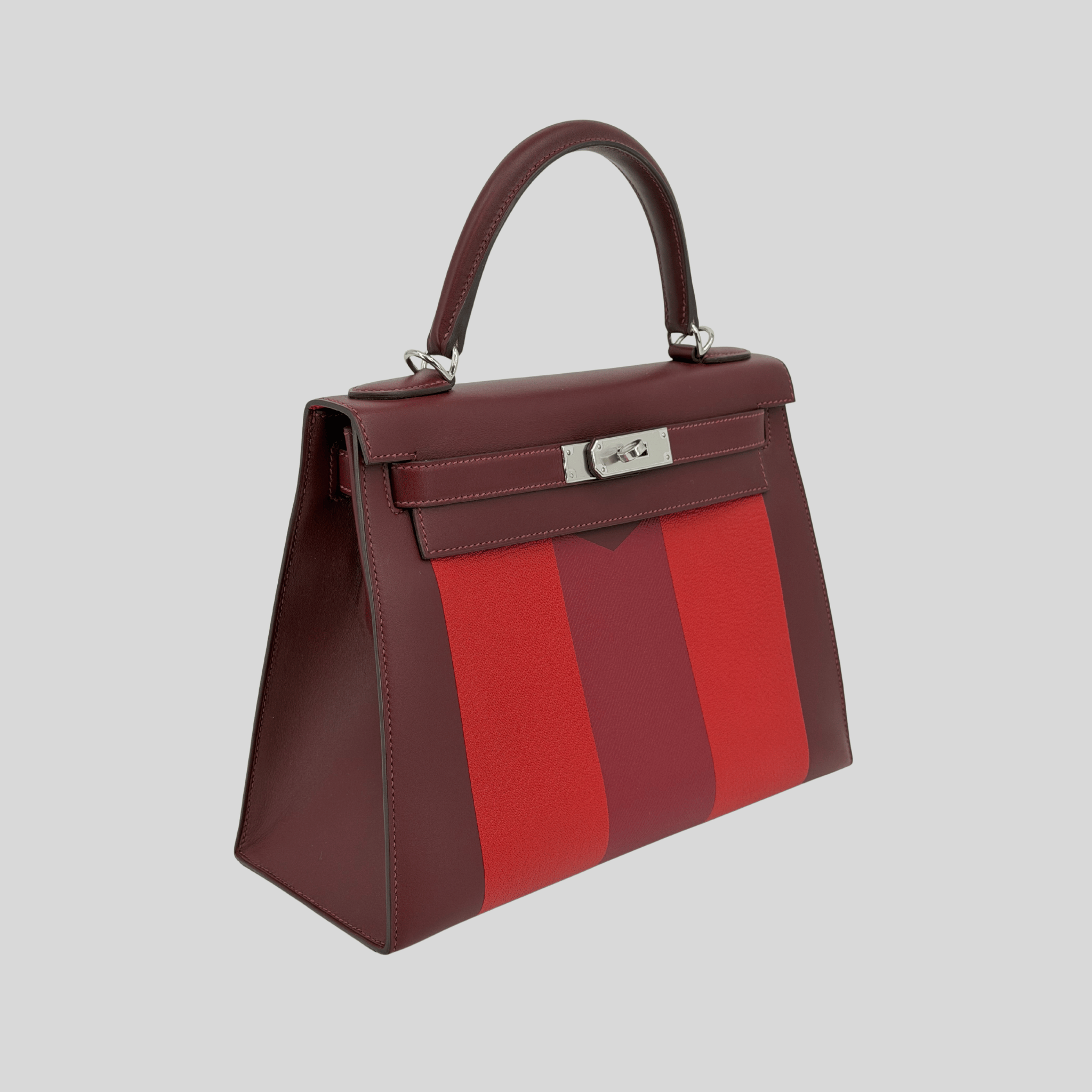 Hermès Rare Limited Edition Kelly 28 Kellygraphie “Lettre M” Rouge H/Vermillion/Rouge Grenat/Rose Tyrien Palladium Hardware | Randolph Goods