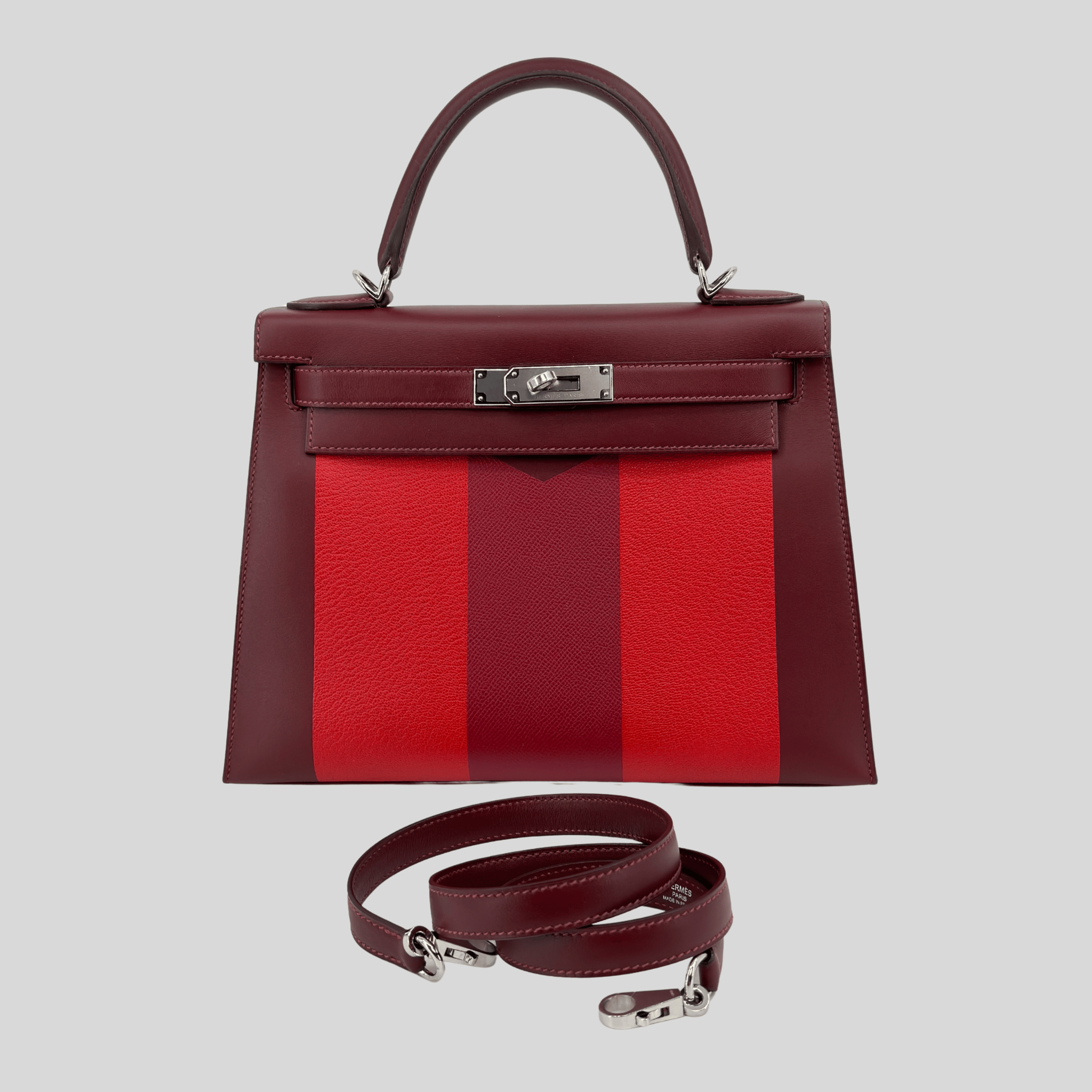 Hermès Rare Limited Edition Kelly 28 Kellygraphie “Lettre M” Rouge H/Vermillion/Rouge Grenat/Rose Tyrien Palladium Hardware | Randolph Goods