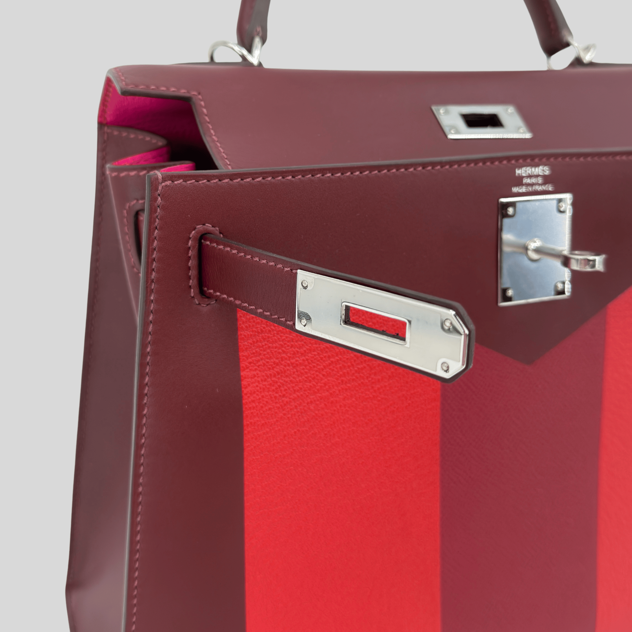 Hermès Rare Limited Edition Kelly 28 Kellygraphie “Lettre M” Rouge H/Vermillion/Rouge Grenat/Rose Tyrien Palladium Hardware | Randolph Goods