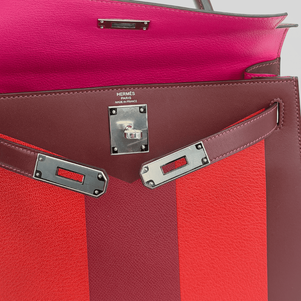 Hermès Rare Limited Edition Kelly 28 Kellygraphie “Lettre M” Rouge H/Vermillion/Rouge Grenat/Rose Tyrien Palladium Hardware | Randolph Goods