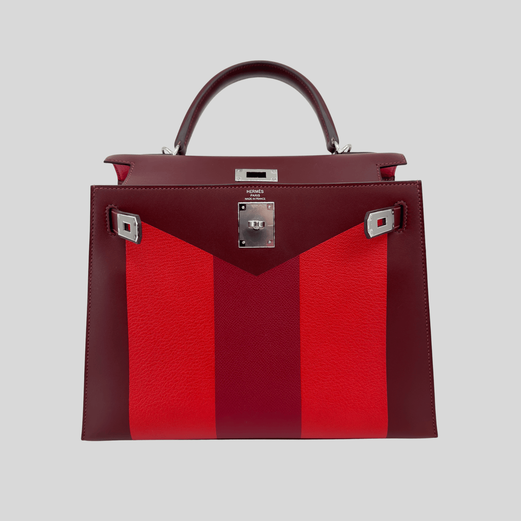 Hermès Rare Limited Edition Kelly 28 Kellygraphie “Lettre M” Rouge H/Vermillion/Rouge Grenat/Rose Tyrien Palladium Hardware | Randolph Goods