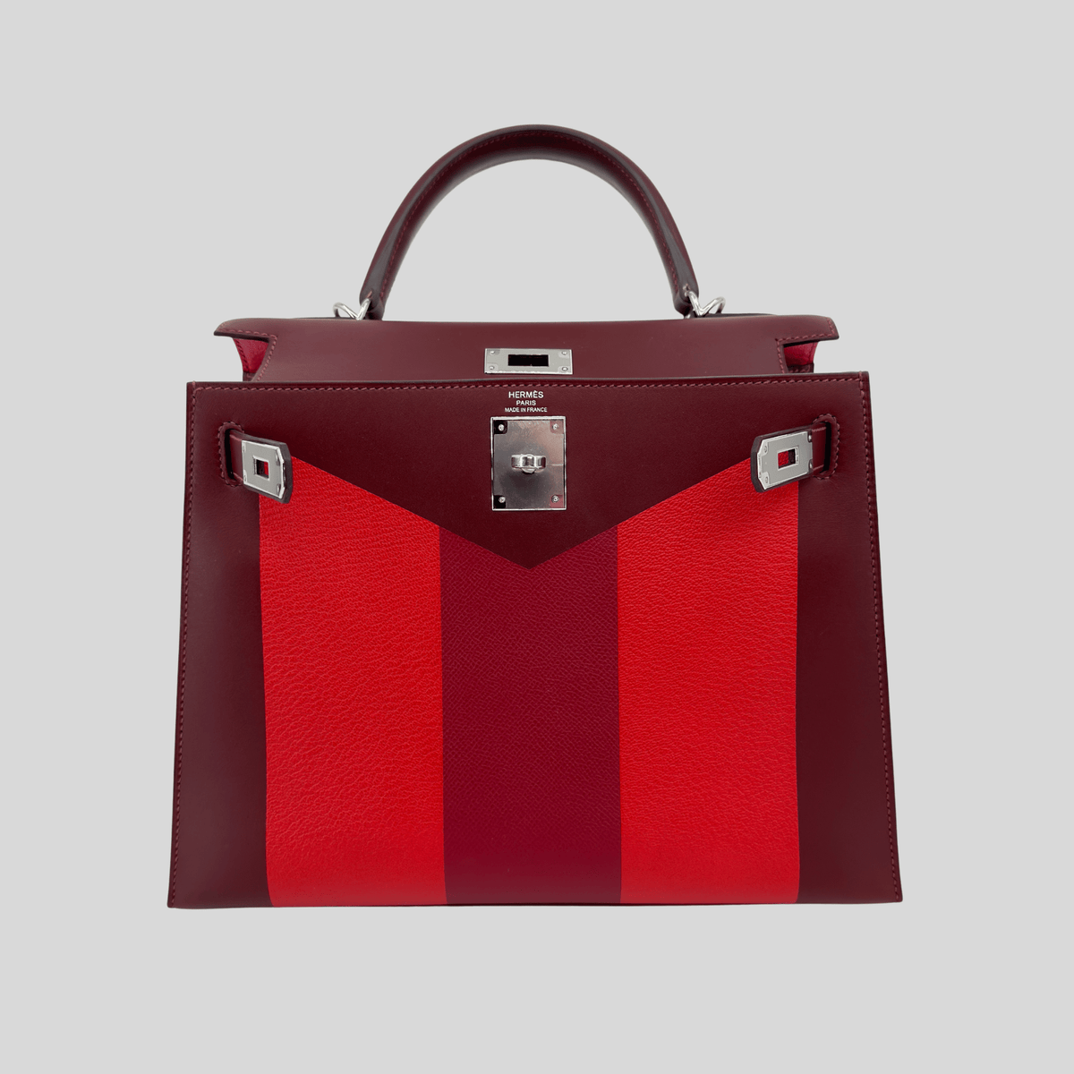Hermès Rare Limited Edition Kelly 28 Kellygraphie “Lettre M” Rouge H/Vermillion/Rouge Grenat/Rose Tyrien Palladium Hardware | Randolph Goods