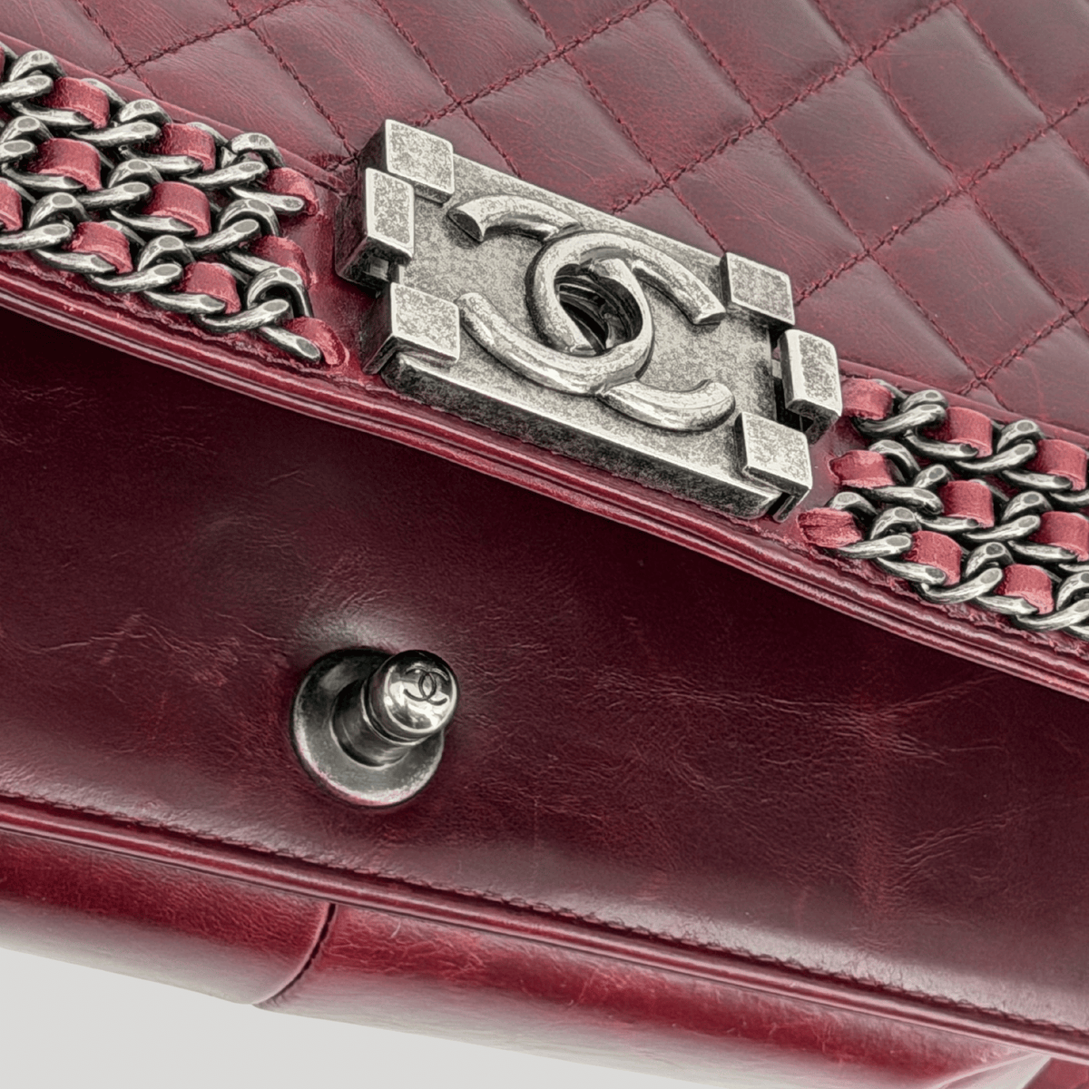 CHANEL Chained Boy Flap Old Medium Burgundy Glazed Calfskin Aged Gunmetal Hardware | Randolph Goods