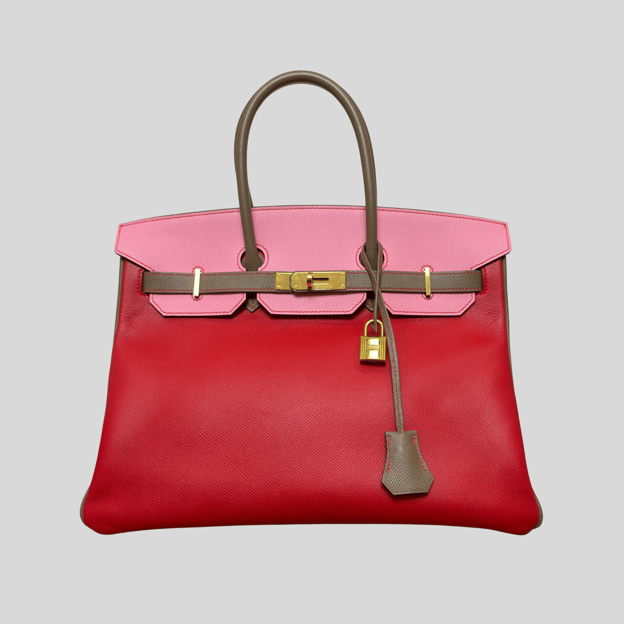 Hermès Birkin 35 HSS Tricolor Bubblegum, Rouge Casaque, Etain Epsom Gold Hardware