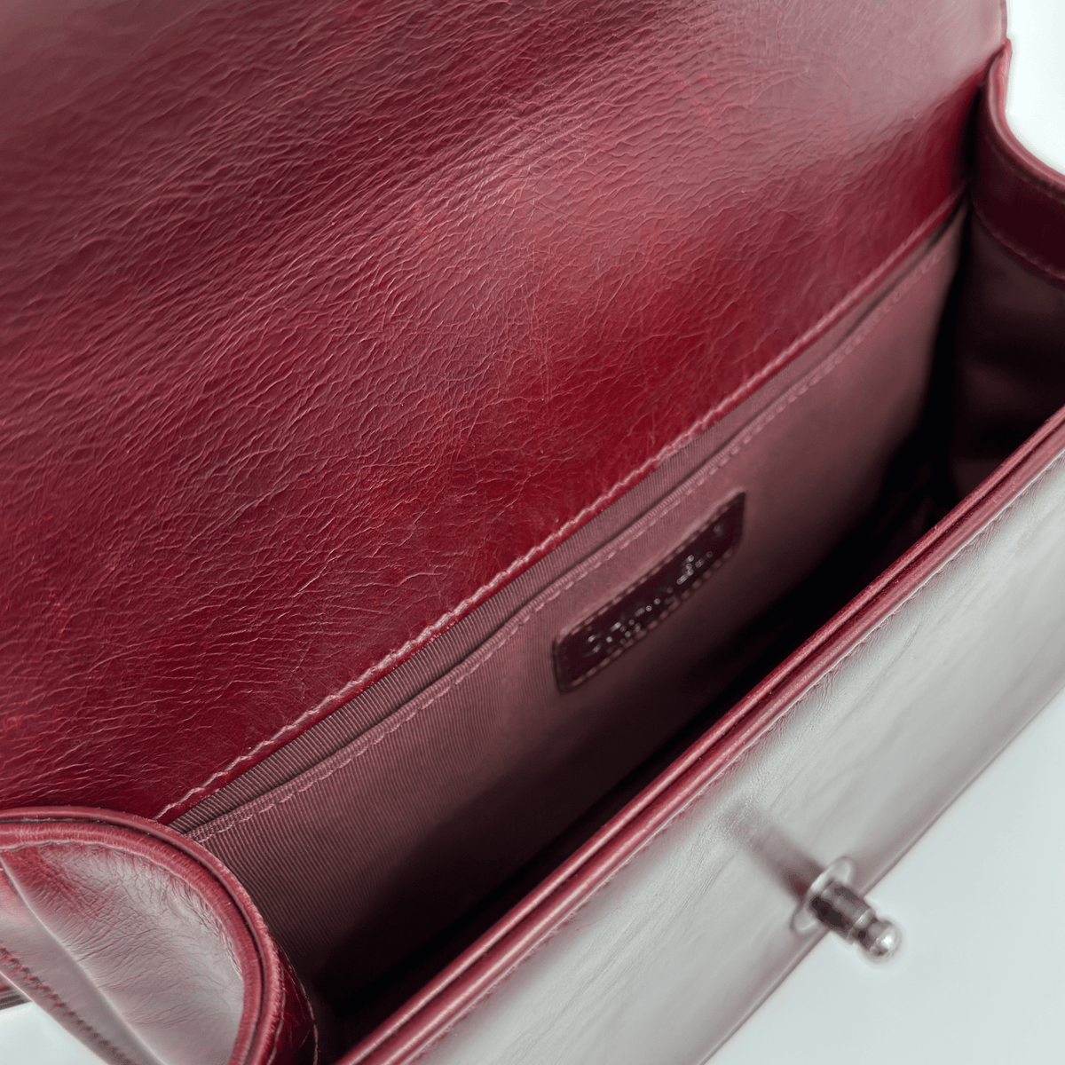 CHANEL Chained Boy Flap Old Medium Burgundy Glazed Calfskin Aged Gunmetal Hardware | Randolph Goods
