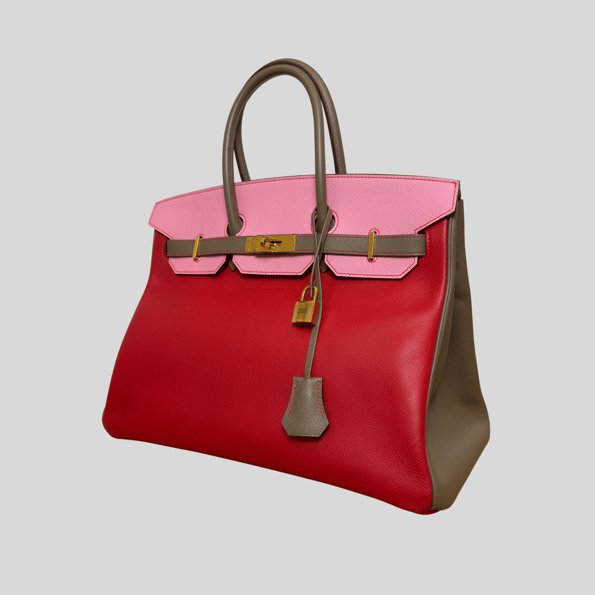Hermès Birkin 35 HSS Tricolor Bubblegum, Rouge Casaque, Etain Epsom Gold Hardware