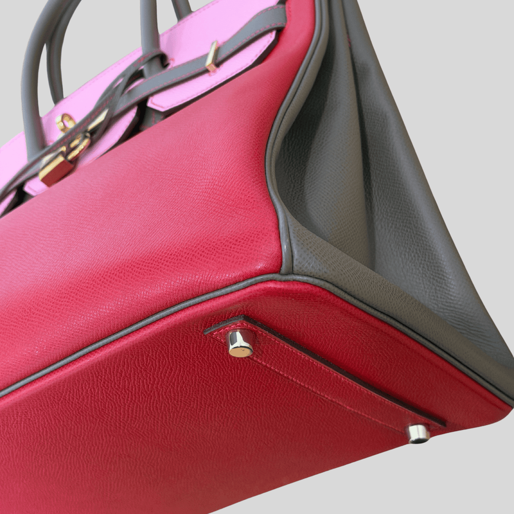 Hermès Birkin 35 HSS Tricolor Bubblegum, Rouge Casaque, Etain Epsom Gold Hardware