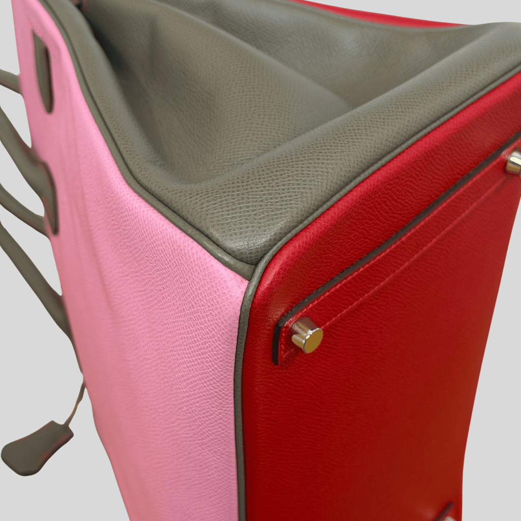 Hermès Birkin 35 HSS Tricolor Bubblegum, Rouge Casaque, Etain Epsom Gold Hardware