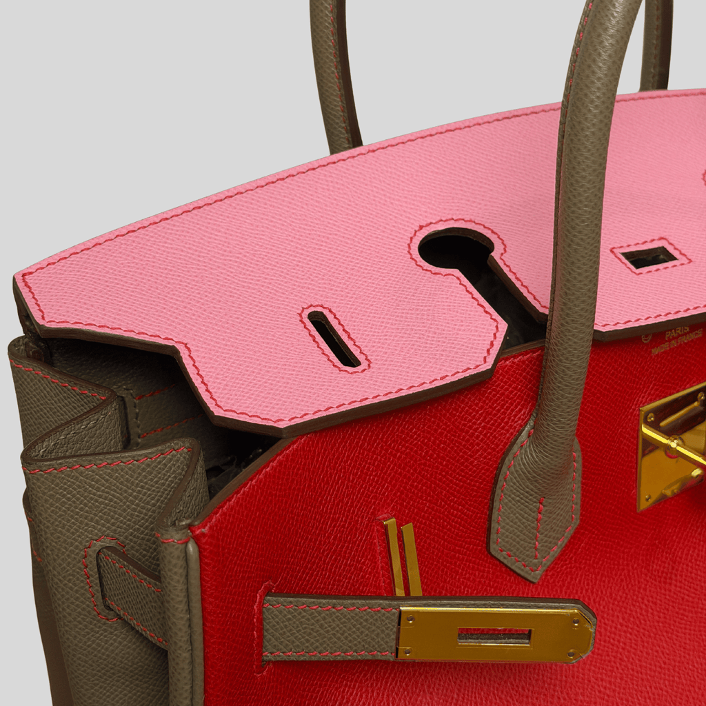Hermès Birkin 35 HSS Tricolor Bubblegum, Rouge Casaque, Etain Epsom Gold Hardware