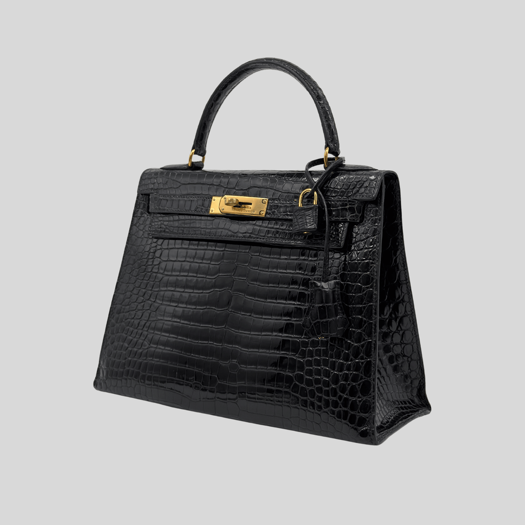 Hermès Kelly 28 Black Porosus Crocodile Leather Gold Hardware | Randolph Goods