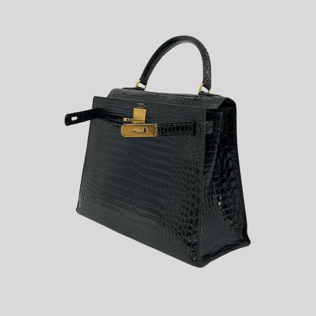 Hermès Kelly 28 Black Porosus Crocodile Leather Gold Hardware | Randolph Goods