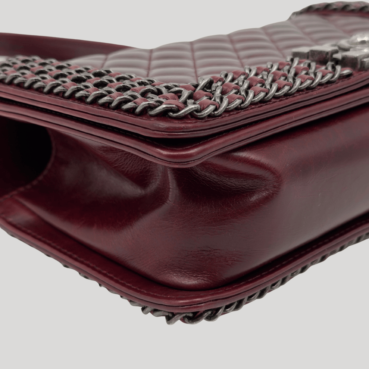 CHANEL Chained Boy Flap Old Medium Burgundy Glazed Calfskin Aged Gunmetal Hardware | Randolph Goods