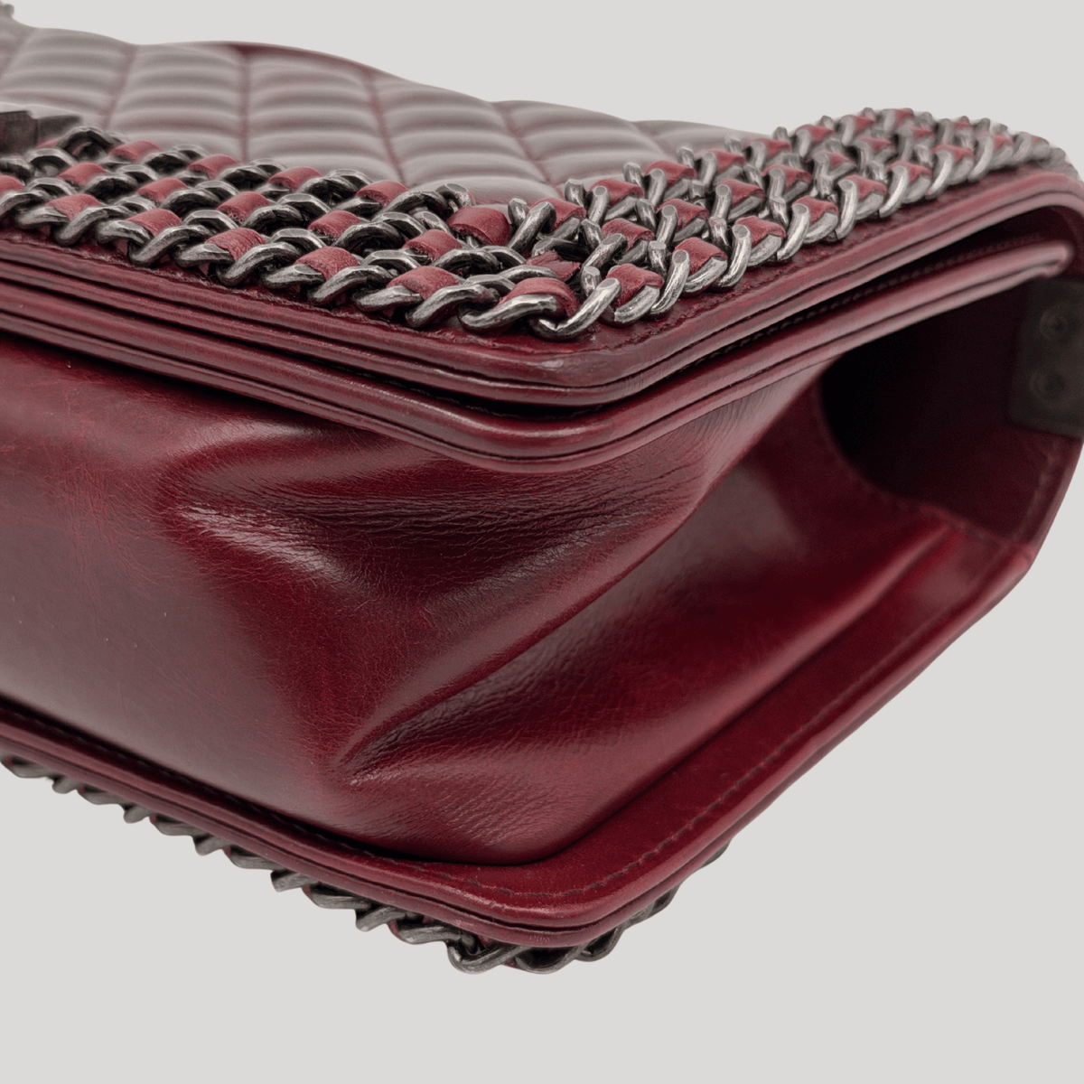 CHANEL Chained Boy Flap Old Medium Burgundy Glazed Calfskin Aged Gunmetal Hardware